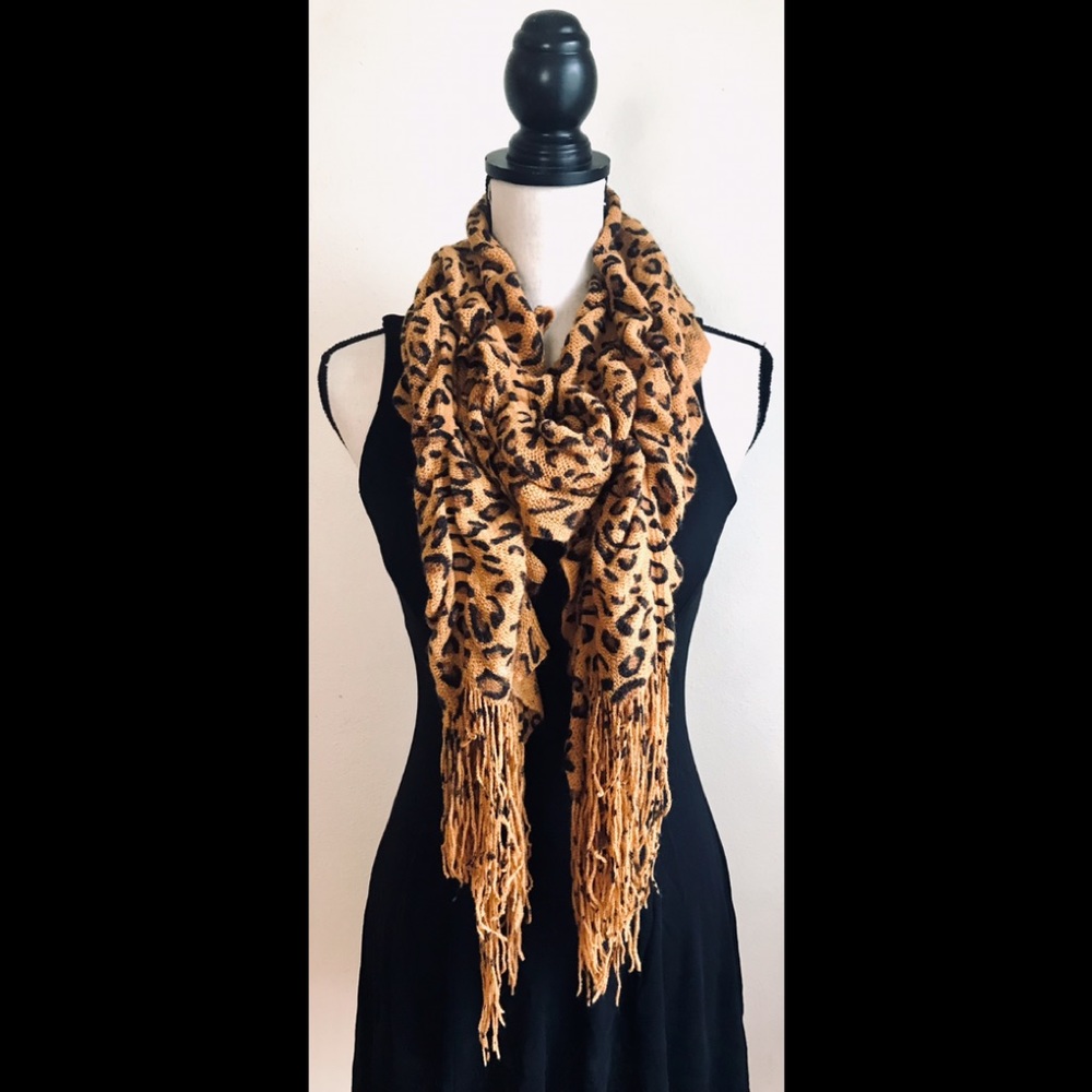 Cheetah/Animal Print Scarf (Tan, Brown & Black): Long, Ruched w/ Frayed Ends